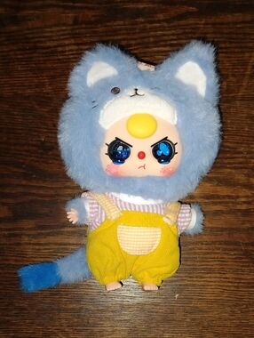 Plush Blue Cat Costume Doll with Yellow Overalls - Baby Three